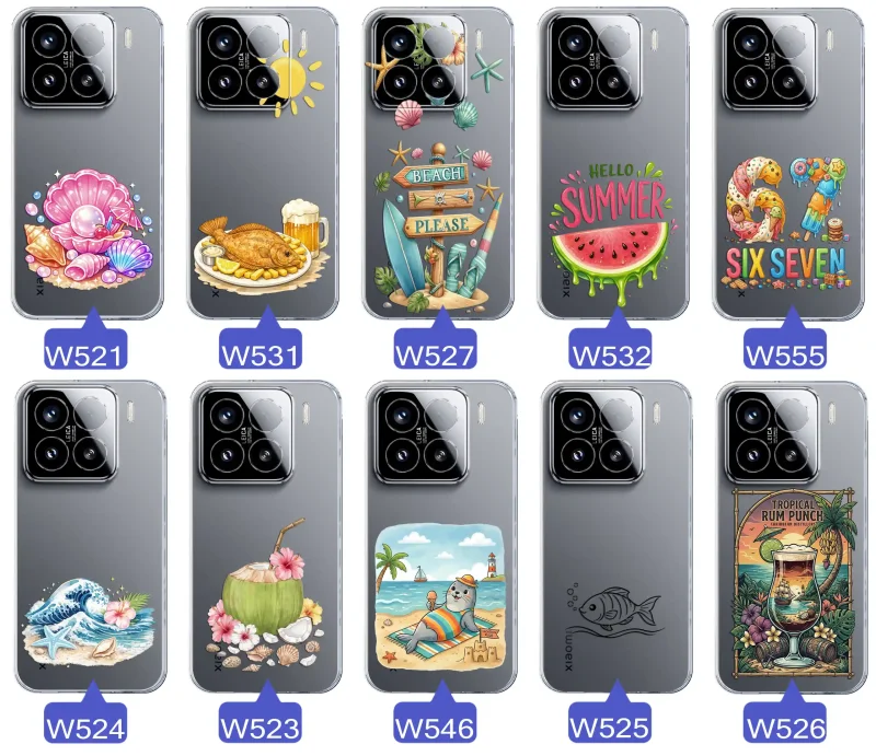 Różne wzory etui wakacyjnych do Xiaomi 15 Pro z grafikami muszelek, ryby, plaży, arbuza, lodów, foki, kokosa i tropikalnego drinka