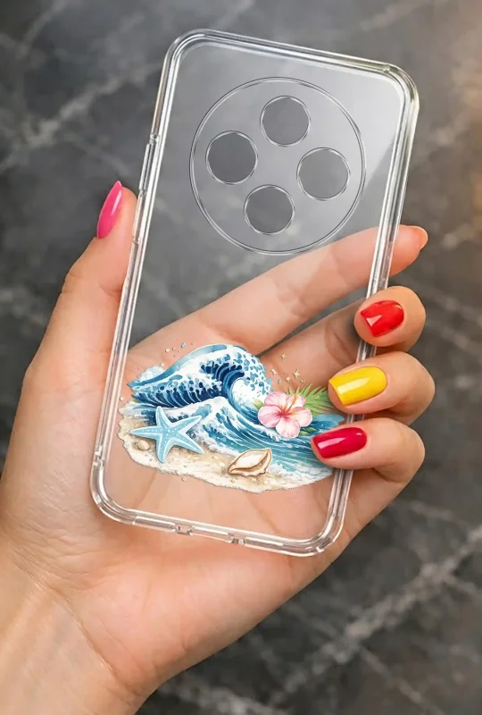 Przezroczyste etui letnie do Xiaomi Redmi 14C z nadrukiem fali, muszli i rozgwiazdy, prezentowane w dłoni