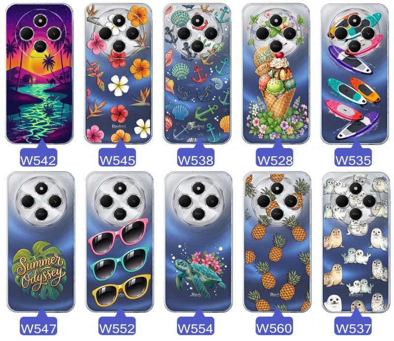 Kolekcja wakacyjnych wzorów etui do Xiaomi Redmi 14C: palmy, kwiaty, kotwice, lody, deski surfingowe, ananasy i foki