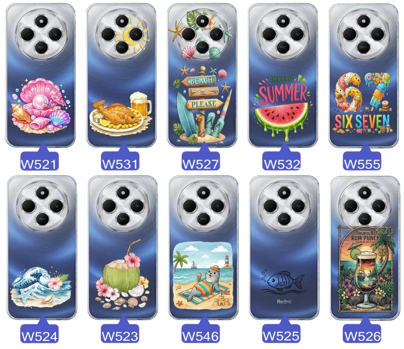 Różne wzory etui wakacyjnych do Xiaomi Redmi 14C z grafikami muszelek, ryby, plaży, arbuza, lodów, foki, kokosa i tropikalnego drinka
