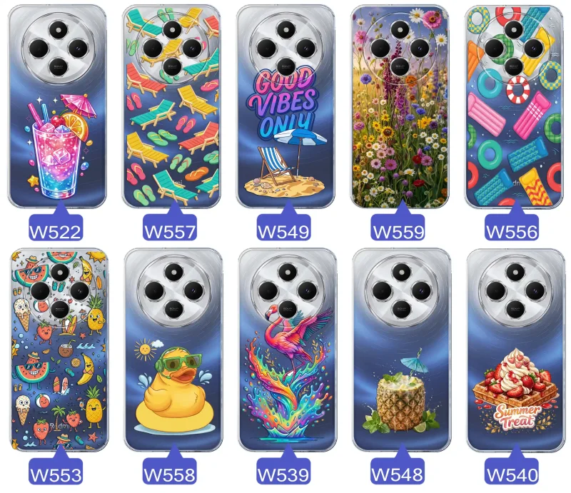 Zestaw przezroczystych etui do Xiaomi Redmi 14C z wakacyjnymi motywami drinka, leżaków, napisu good vibes, kwiatów, flaminga, ananasa i deseru