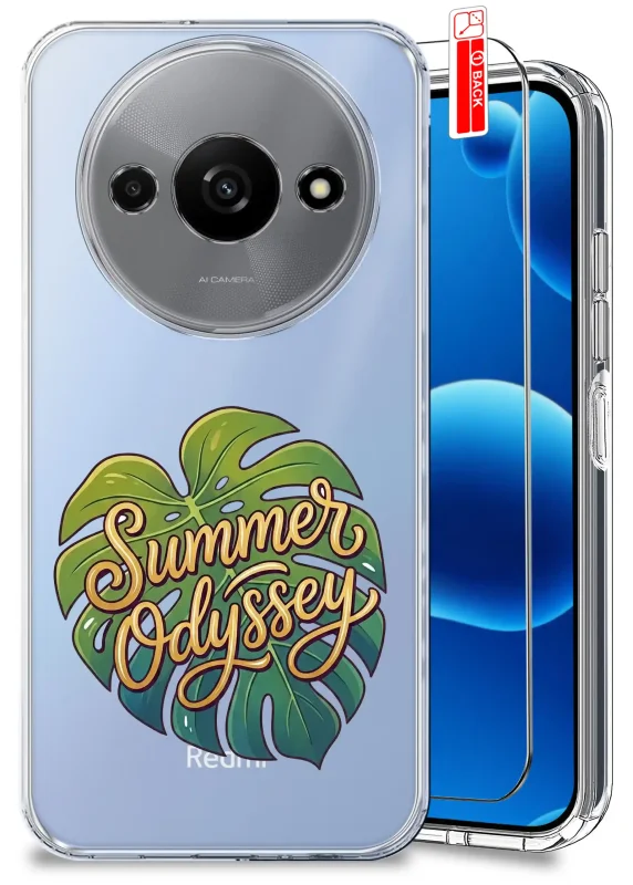 Przezroczyste etui wakacyjne do Xiaomi Redmi A3 4G z nadrukiem Summer Odyssey na liściu monstery oraz szkłem hartowanym w zestawie