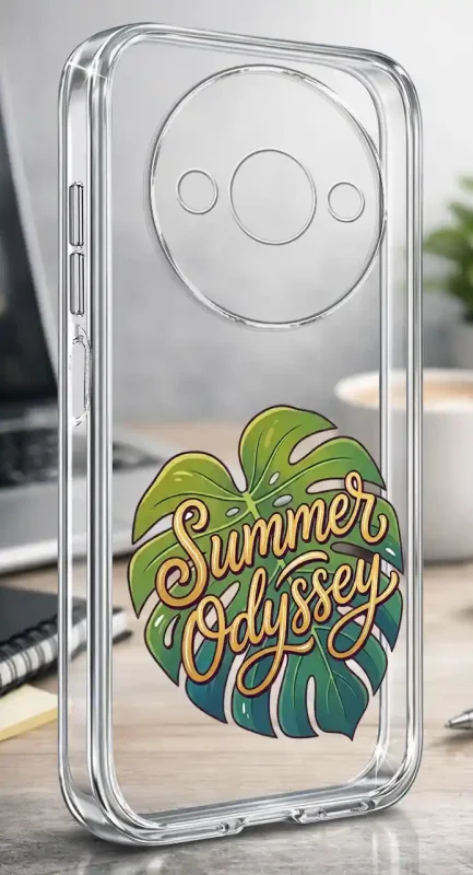 Etui na lato do Xiaomi Redmi A3 4G z napisem Summer Odyssey i tropikalnym liściem na przezroczystej obudowie