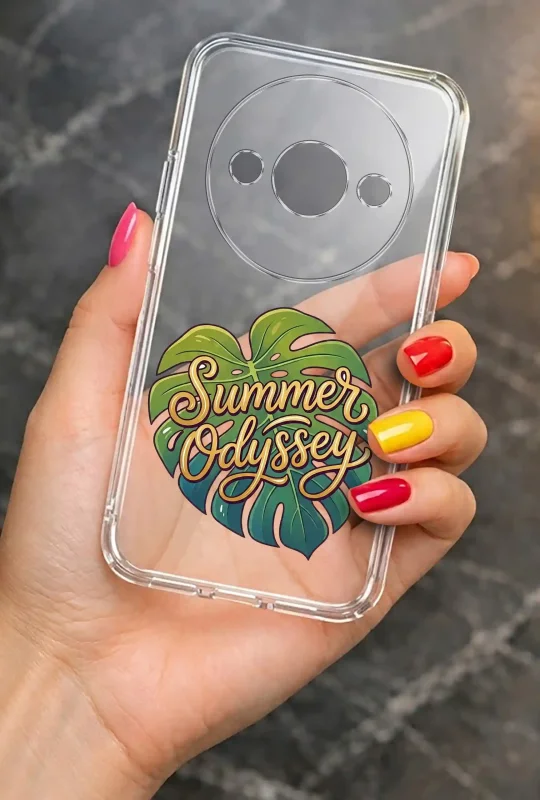 Przezroczyste etui letnie do Xiaomi Redmi A3 4G z nadrukiem Summer Odyssey, prezentowane w dłoni