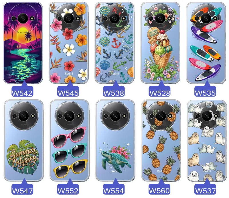 Kolekcja wakacyjnych wzorów etui do Xiaomi Redmi A3 4G: palmy, kwiaty, kotwice, lody, deski surfingowe, ananasy i foki