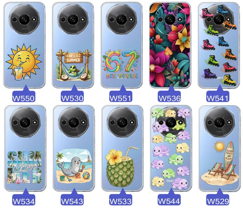 Kolekcja letnich wzorów etui do Xiaomi Redmi A3 4G z motywami słońca, żółwia, six seven, tropikalnych kwiatów, rolek, plaży i kokosa