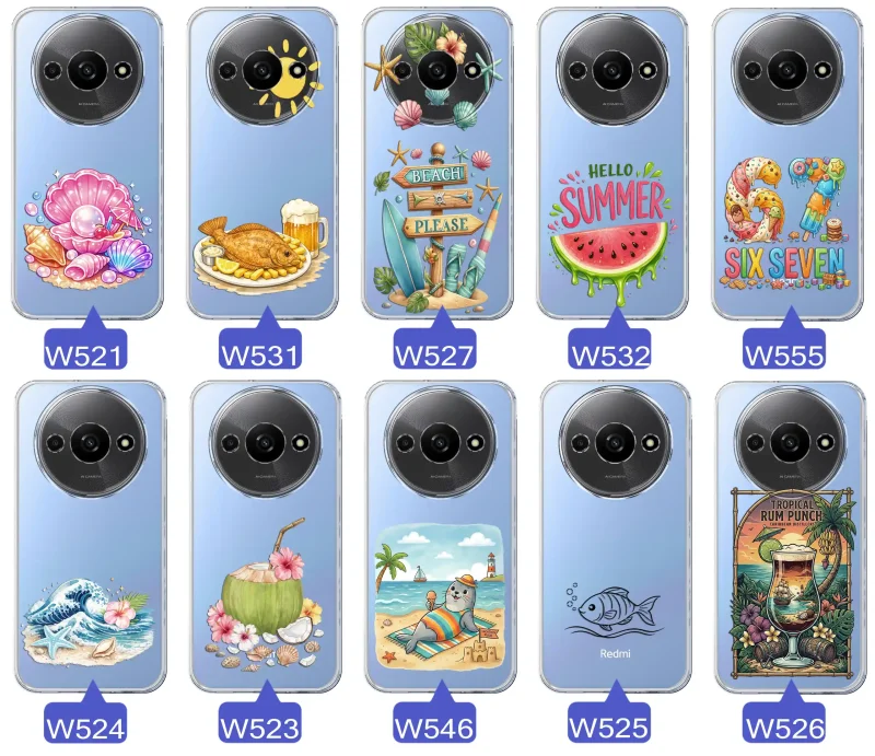 Różne wzory etui wakacyjnych do Xiaomi Redmi A3 4G z grafikami muszelek, ryby, plaży, arbuza, lodów, foki, kokosa i tropikalnego drinka