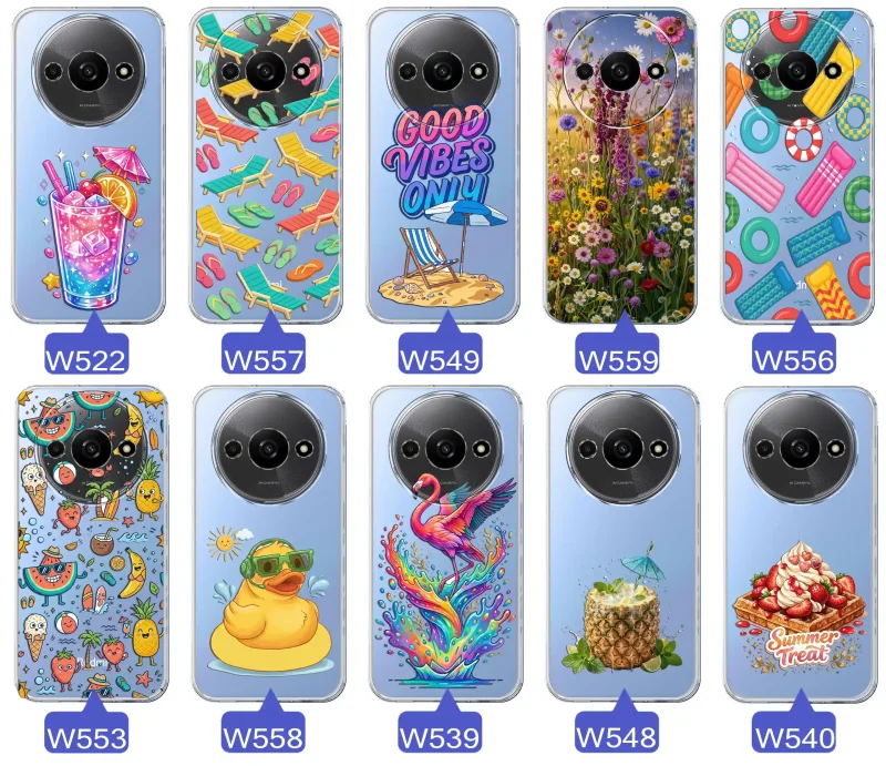 Zestaw przezroczystych etui do Xiaomi Redmi A3 4G z wakacyjnymi motywami drinka, leżaków, napisu good vibes, kwiatów, flaminga, ananasa i deseru