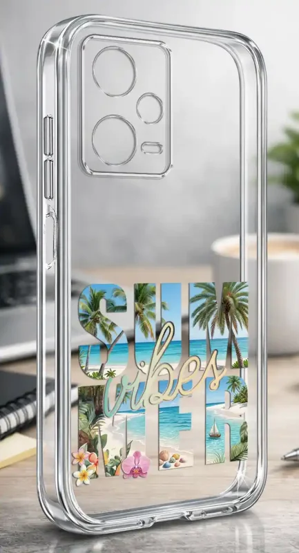 Etui na lato do Xiaomi Redmi Note 12 5G z napisem Summer Vibes, palmami, plażą, morzem i kwiatami na przezroczystej obudowie