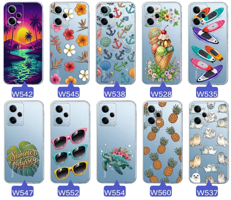 Kolekcja wakacyjnych wzorów etui do Xiaomi Redmi Note 12 5G: palmy, kwiaty, kotwice, lody, deski surfingowe, ananasy i foki