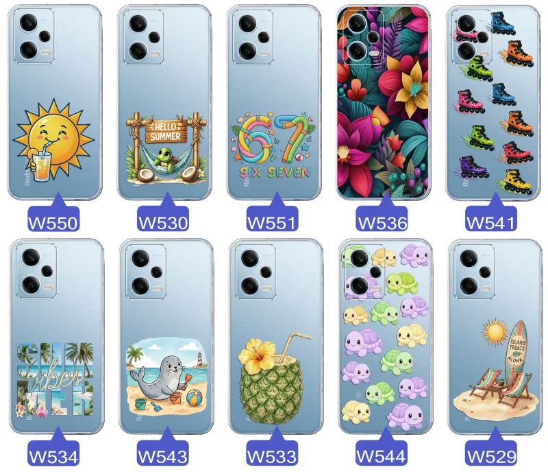 Kolekcja letnich wzorów etui do Xiaomi Redmi Note 12 5G z motywami słońca, żółwia, six seven, tropikalnych kwiatów, rolek, plaży i kokosa