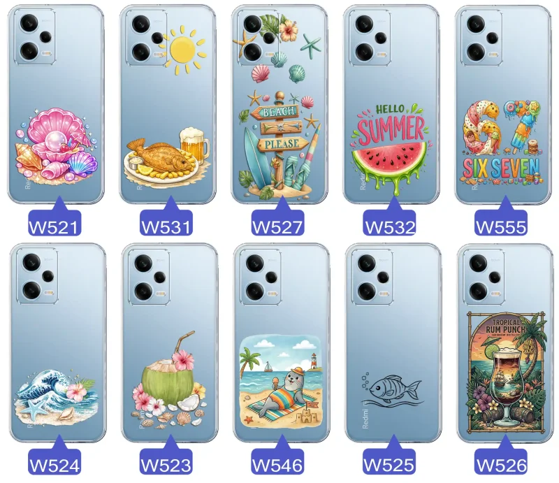 Różne wzory etui wakacyjnych do Xiaomi Redmi Note 12 5G z grafikami muszelek, ryby, plaży, arbuza, lodów, foki, kokosa i tropikalnego drinka