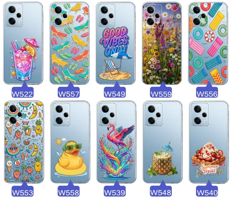 Zestaw przezroczystych etui do Xiaomi Redmi Note 12 5G z wakacyjnymi motywami drinka, leżaków, napisu good vibes, kwiatów, flaminga, ananasa i deseru