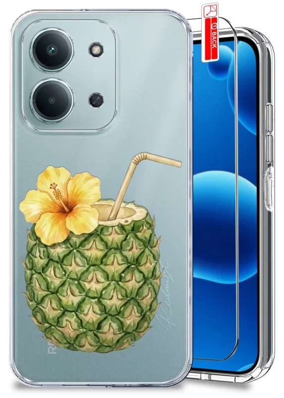 Przezroczyste etui wakacyjne do Xiaomi Redmi 15C z nadrukiem ananasa, żółtym kwiatem i szkłem hartowanym w zestawie