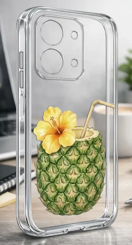 Etui na lato do Xiaomi Redmi 15C z motywem ananasa z rurką i kwiatem na przezroczystej obudowie