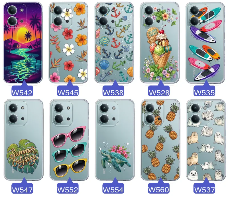 Kolekcja wakacyjnych wzorów etui do Xiaomi Redmi 15C: palmy, kwiaty, kotwice, lody, deski surfingowe, ananasy i foki