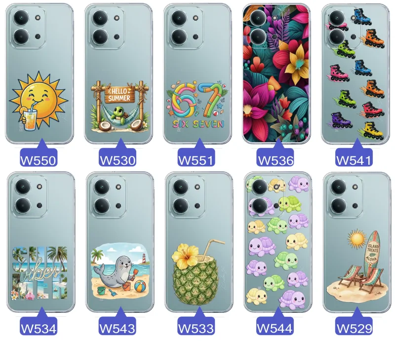 Kolekcja letnich wzorów etui do Xiaomi Redmi 15C z motywami słońca, żółwia, six seven, tropikalnych kwiatów, rolek, plaży i kokosa