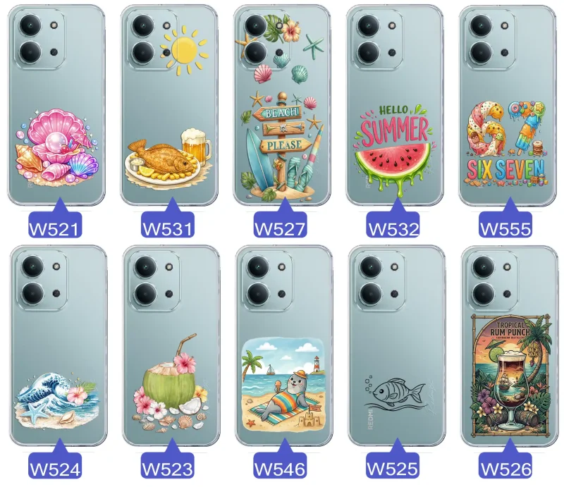 Różne wzory etui wakacyjnych do Xiaomi Redmi 15C z grafikami muszelek, ryby, plaży, arbuza, lodów, foki, kokosa i tropikalnego drinka