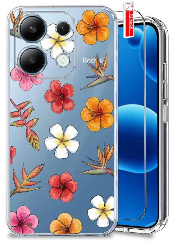 Przezroczyste etui wakacyjne do Xiaomi Redmi Note 13 4G z kolorowym nadrukiem tropikalnych kwiatów oraz szkłem hartowanym w zestawie
