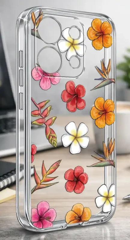Etui na lato do Xiaomi Redmi Note 13 4G z wzorem hibiskusa, plumerii i liści tropikalnych na przezroczystej obudowie