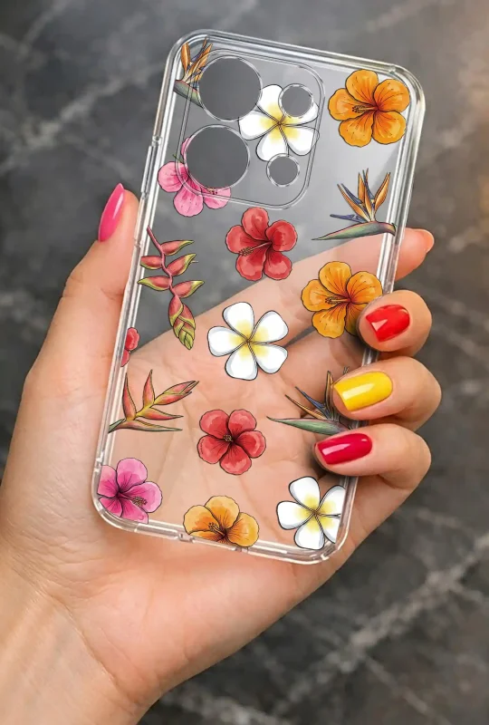 Przezroczyste etui letnie do Xiaomi Redmi Note 13 4G z nadrukiem kwiatów tropikalnych, prezentowane w dłoni