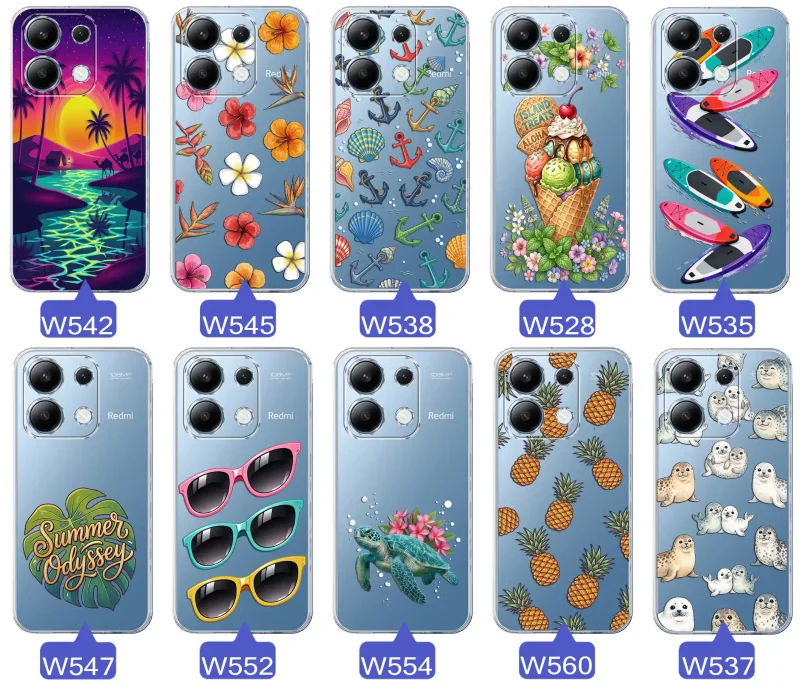Kolekcja wakacyjnych wzorów etui do Xiaomi Redmi Note 13 4G: palmy, kwiaty, kotwice, lody, deski surfingowe, ananasy i foki
