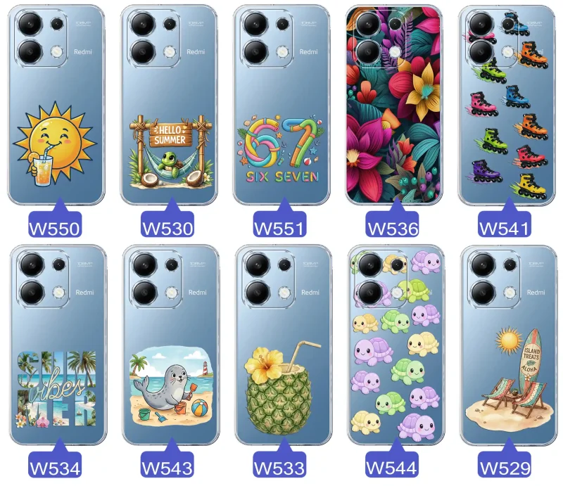 Kolekcja letnich wzorów etui do Xiaomi Redmi Note 13 4G z motywami słońca, żółwia, six seven, tropikalnych kwiatów, rolek, plaży i kokosa