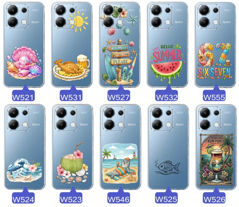 Różne wzory etui wakacyjnych do Xiaomi Redmi Note 13 4G z grafikami muszelek, ryby, plaży, arbuza, lodów, foki, kokosa i tropikalnego drinka