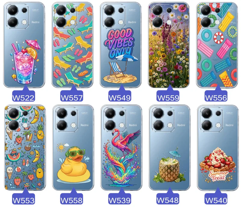 Zestaw przezroczystych etui do Xiaomi Redmi Note 13 4G z wakacyjnymi motywami drinka, leżaków, napisu good vibes, kwiatów, flaminga, ananasa i deseru