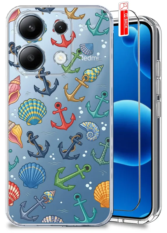 Przezroczyste etui wakacyjne do Xiaomi Redmi Note 13 Pro 4G z motywem kotwic i muszelek oraz szkłem hartowanym w zestawie