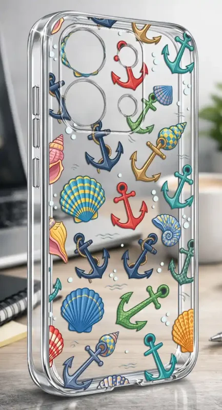 Etui na lato do Xiaomi Redmi Note 13 Pro 4G z kolorowym wzorem kotwic, muszli i morskich detali na przezroczystej obudowie