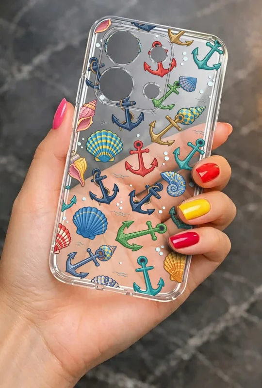Przezroczyste etui letnie do Xiaomi Redmi Note 13 Pro 4G z nadrukiem kotwic i muszelek, prezentowane w dłoni