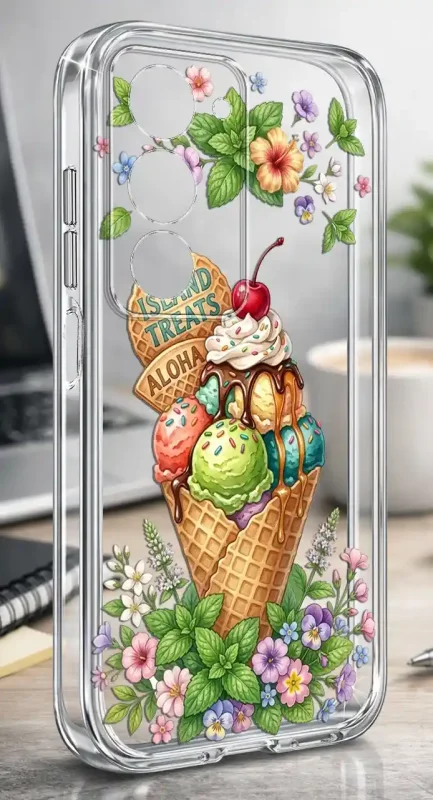Etui na lato do Xiaomi Redmi 15 4G / 5G z kolorowym wzorem lodów w rożkach, wiśni, listków i drobnych kwiatów