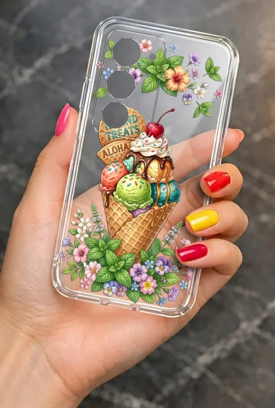 Przezroczyste etui letnie do Xiaomi Redmi 15 4G / 5G z nadrukiem lodów i kwiatów, prezentowane w dłoni