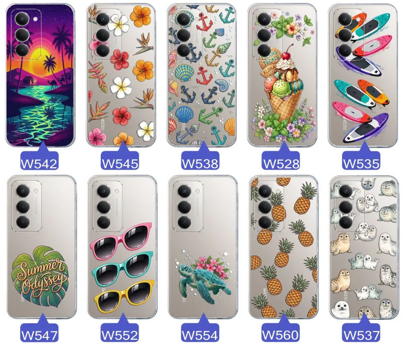 Kolekcja wakacyjnych wzorów etui do Xiaomi Redmi 15 4G / 5G: palmy, kwiaty, kotwice, lody, deski surfingowe, ananasy i foki