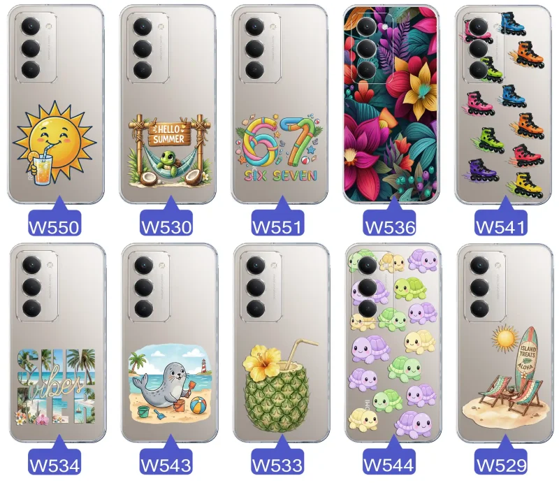 Kolekcja letnich wzorów etui do Xiaomi Redmi 15 4G / 5G z motywami słońca, żółwia, six seven, tropikalnych kwiatów, rolek, plaży i kokosa