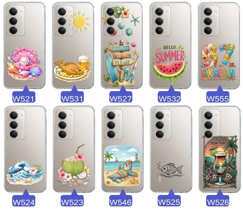 Różne wzory etui wakacyjnych do Xiaomi Redmi 15 4G / 5G z grafikami muszelek, ryby, plaży, arbuza, lodów, foki, kokosa i tropikalnego drinka