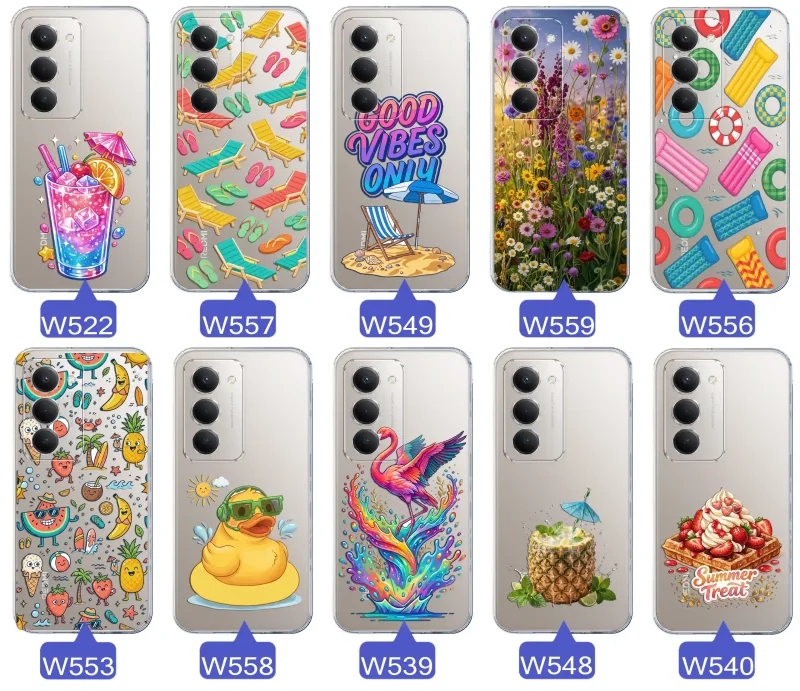 Zestaw przezroczystych etui do Xiaomi Redmi 15 4G / 5G z wakacyjnymi motywami drinka, leżaków, napisu good vibes, kwiatów, flaminga, ananasa i deseru