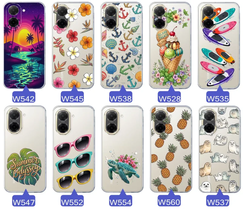Kolekcja wakacyjnych wzorów etui do Xiaomi Redmi A5: palmy, kwiaty, kotwice, lody, deski surfingowe, ananasy i foki