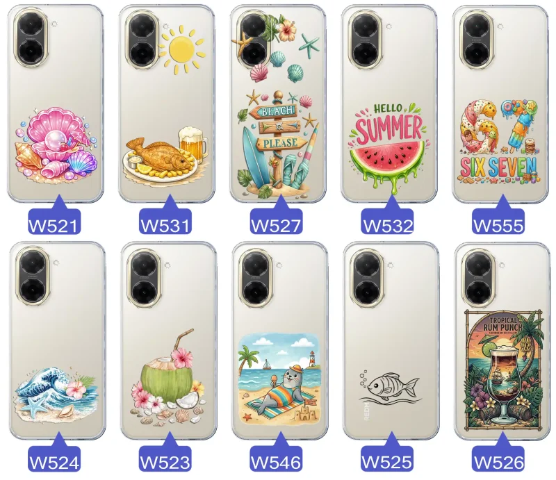 Różne wzory etui wakacyjnych do Xiaomi Redmi A5 z grafikami muszelek, ryby, plaży, arbuza, lodów, foki, kokosa i tropikalnego drinka