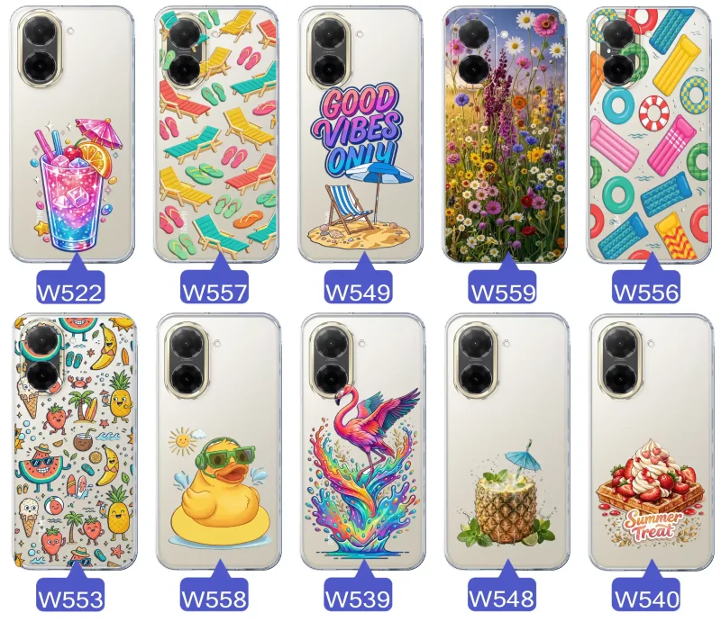 Zestaw przezroczystych etui do Xiaomi Redmi A5 z wakacyjnymi motywami drinka, leżaków, napisu good vibes, kwiatów, flaminga, ananasa i deseru