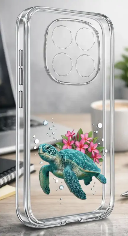 Etui na lato do Xiaomi Redmi Note 15 Pro 4G z motywem żółwia morskiego, różowych kwiatów i kropli wody na przezroczystej obudowie