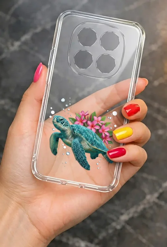 Przezroczyste etui letnie do Xiaomi Redmi Note 15 Pro 4G z nadrukiem żółwia morskiego i kwiatów, prezentowane w dłoni