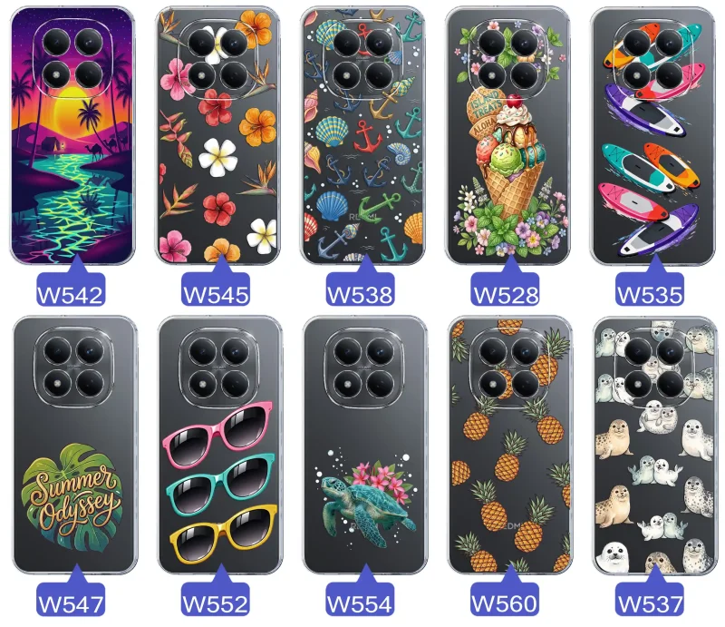 Kolekcja wakacyjnych wzorów etui do Xiaomi Redmi Note 15 Pro 4G: palmy, kwiaty, kotwice, lody, deski surfingowe, ananasy i foki