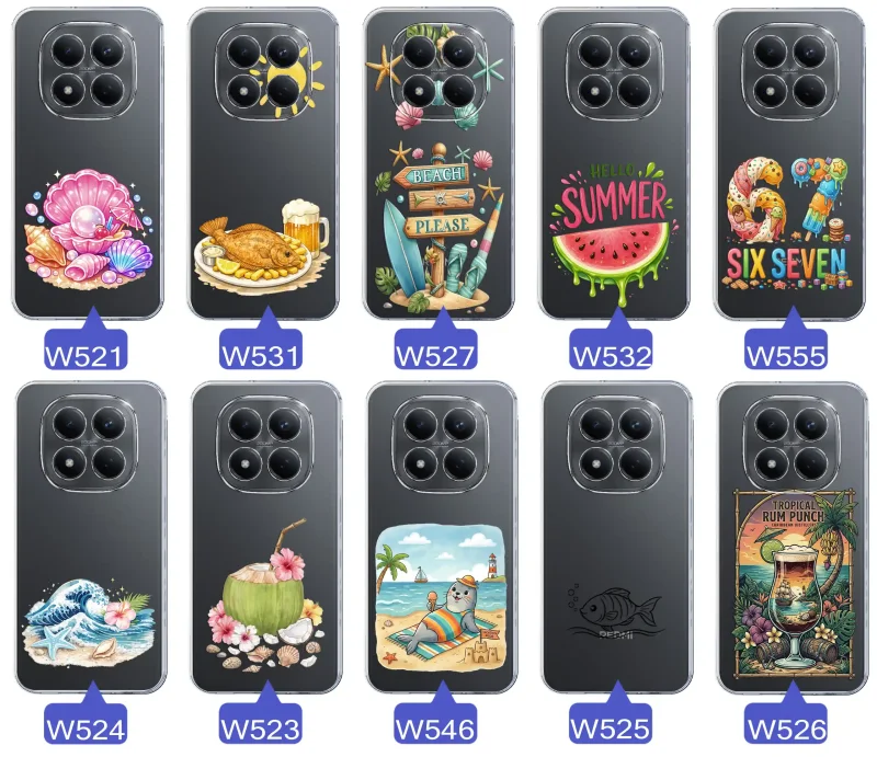 Różne wzory etui wakacyjnych do Xiaomi Redmi Note 15 Pro 4G z grafikami muszelek, ryby, plaży, arbuza, lodów, foki, kokosa i tropikalnego drinka
