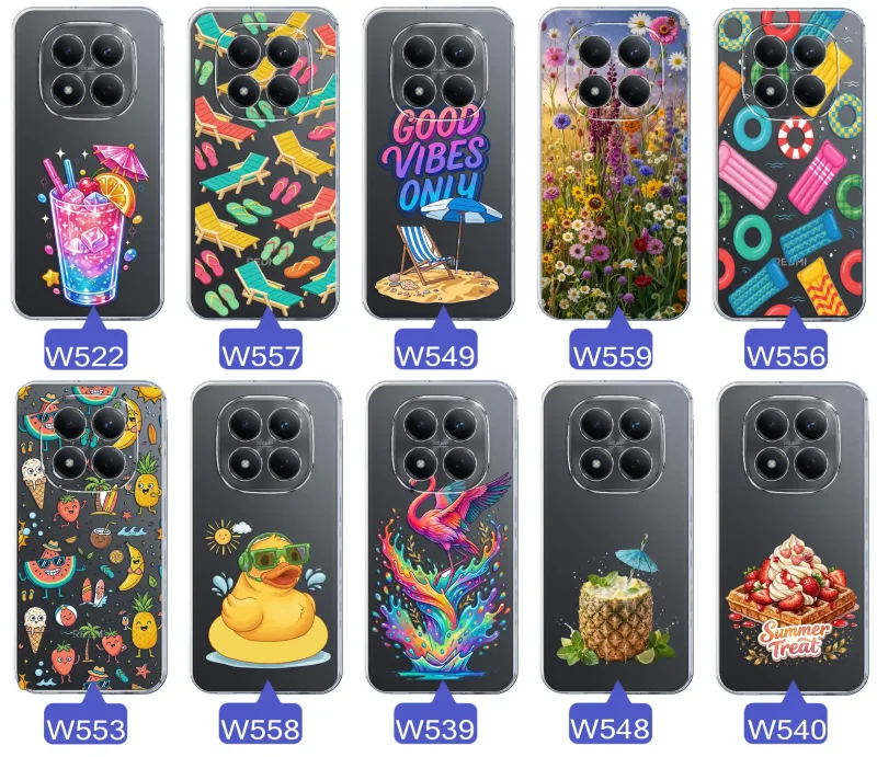 Zestaw przezroczystych etui do Xiaomi Redmi Note 15 Pro 4G z wakacyjnymi motywami drinka, leżaków, napisu good vibes, kwiatów, flaminga, ananasa i deseru