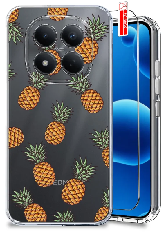 Przezroczyste etui wakacyjne do Xiaomi Redmi Note 15 Pro 5G z nadrukiem ananasów oraz szkłem hartowanym w zestawie