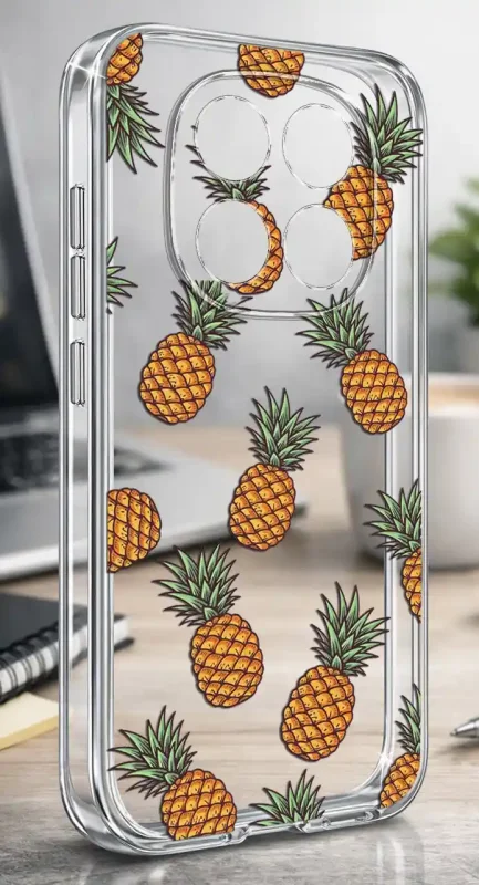 Etui na lato do Xiaomi Redmi Note 15 Pro 5G z powtarzalnym wzorem ananasów na przezroczystej obudowie