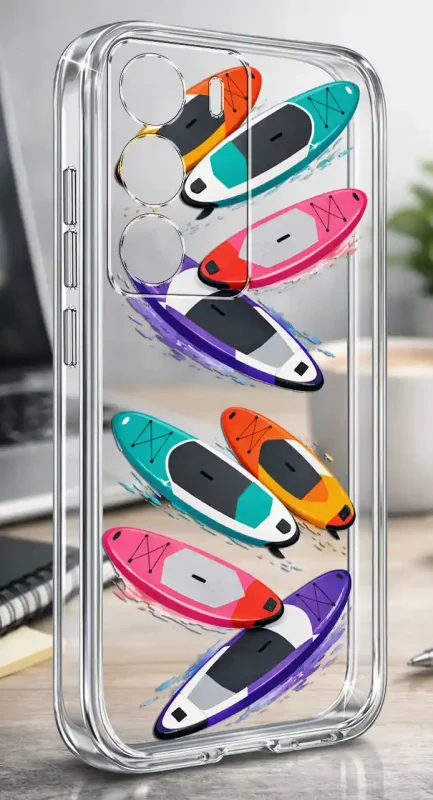 Etui na lato do Realme C71 z motywem desek SUP w kolorze turkusowym, różowym, pomarańczowym i fioletowym