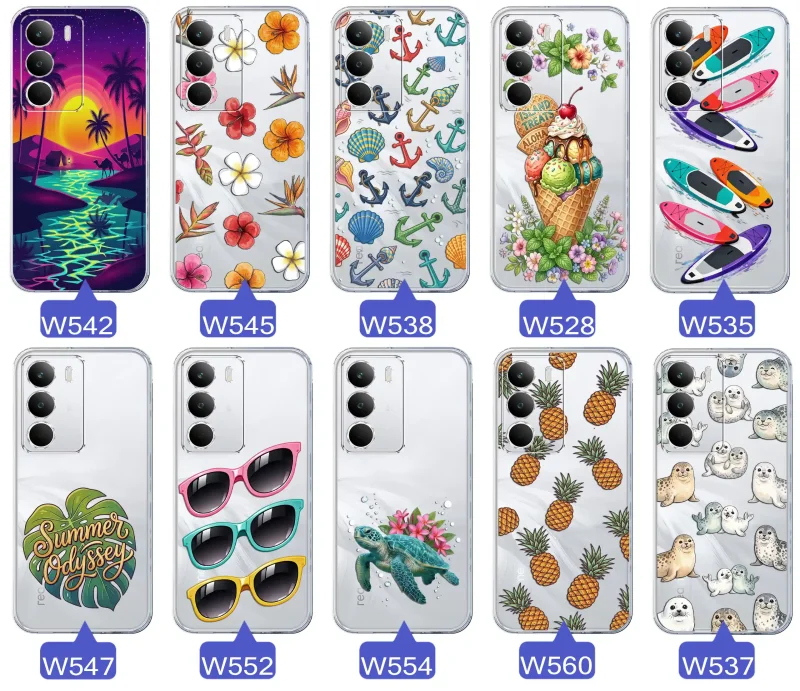 Kolekcja wakacyjnych wzorów etui do Realme C71: palmy, kwiaty, kotwice, lody, deski surfingowe, ananasy i foki